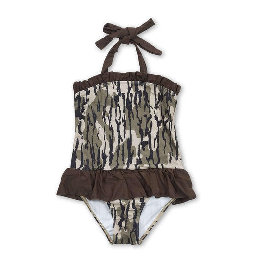 Halter backless ruffle camo one pc baby girls swimsuit