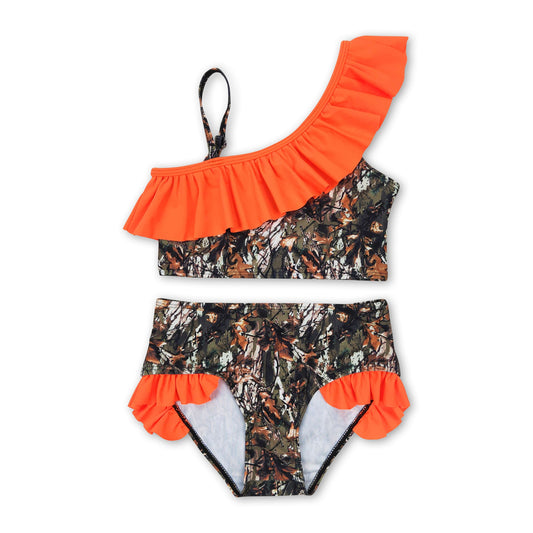 Orange ruffle camo 2 pcs baby girls summer swimsuit