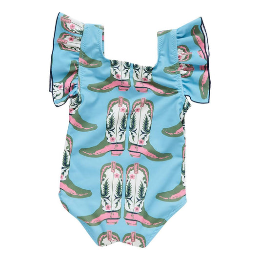 Blue boots baby girls western swimsuit