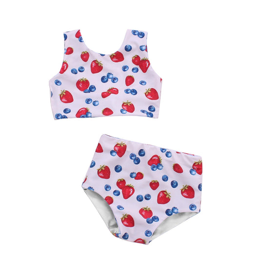 Sleeveless strawberry blueberry girls 4th of july swimsuit