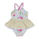 Yellow stripe floral girls one pc summer swimsuit