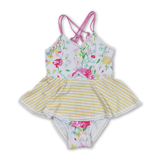 Yellow stripe floral girls one pc summer swimsuit