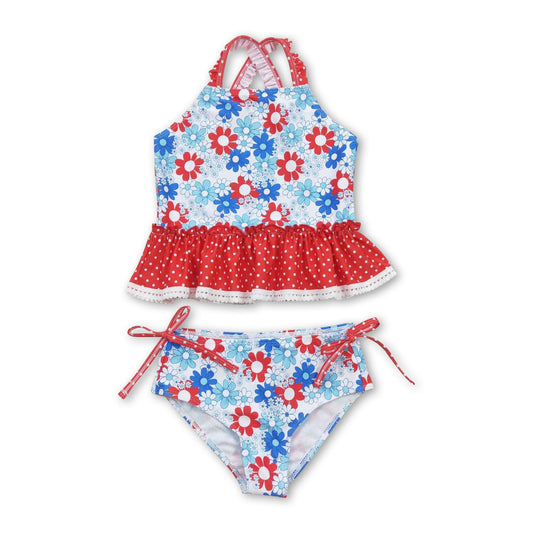 Red blue flower polka dots girls 4th of july swimsuit