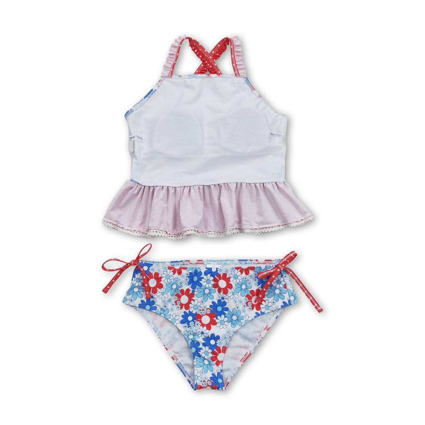Red blue flower polka dots girls 4th of july swimsuit