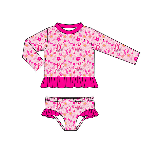 Long sleeves floral 2 pcs party girls swimsuit