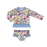 Long sleeves floral two pieces girls summer swimsuit