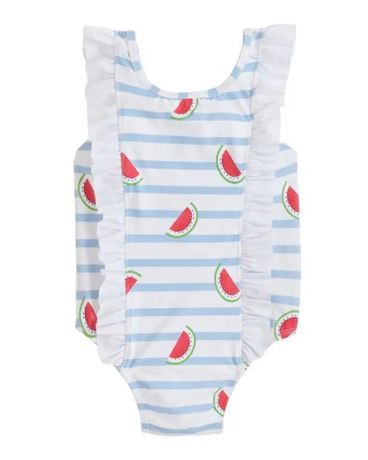 Sleeveless watermelon stripe ruffle one piece girls swimsuit