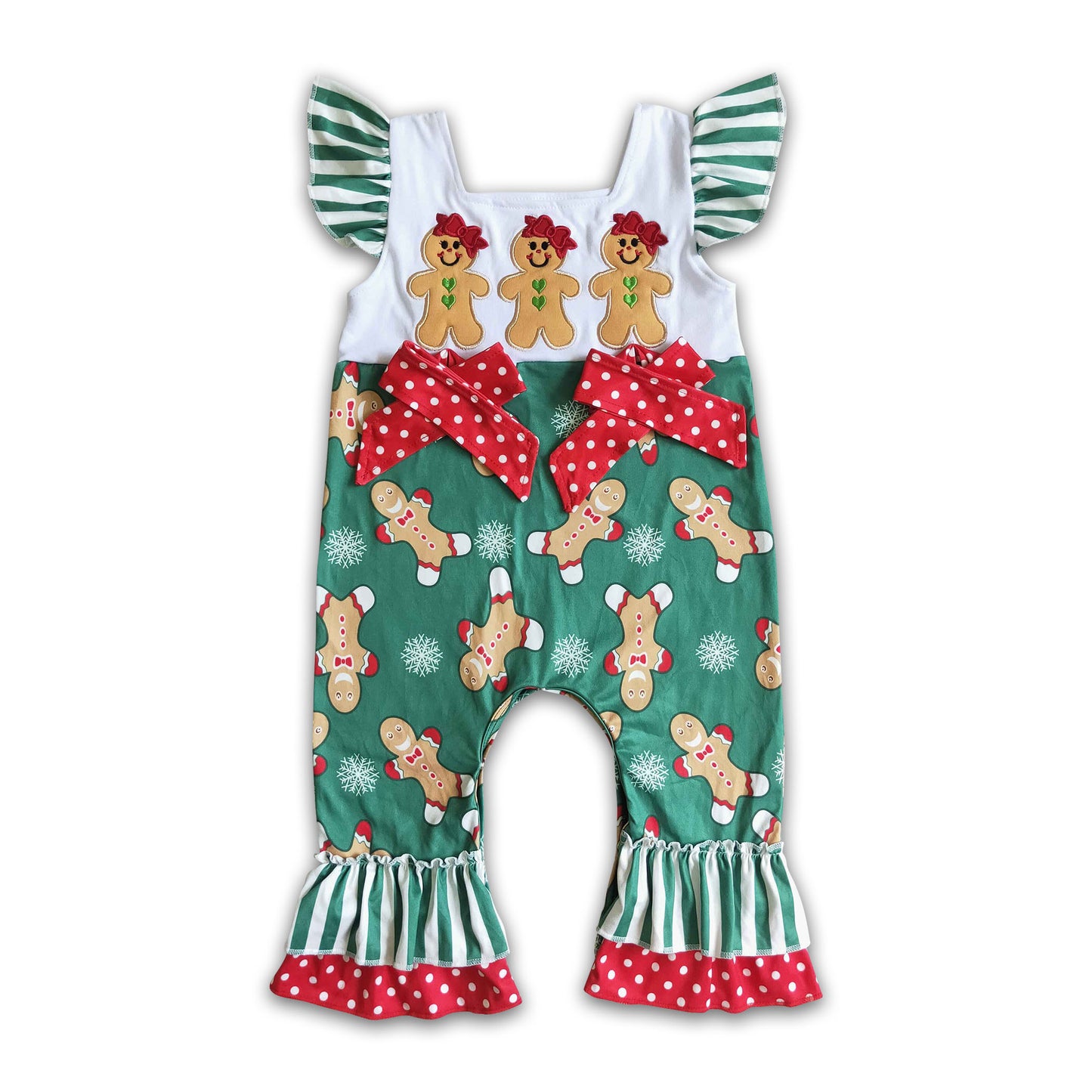 Flutter sleeve gingerbread embroidery baby girls Christmas romper