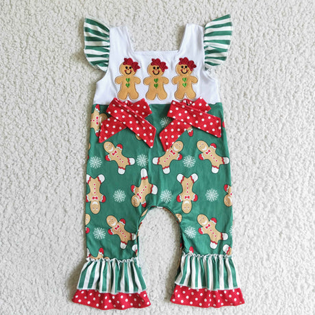Flutter sleeve gingerbread embroidery baby girls Christmas romper