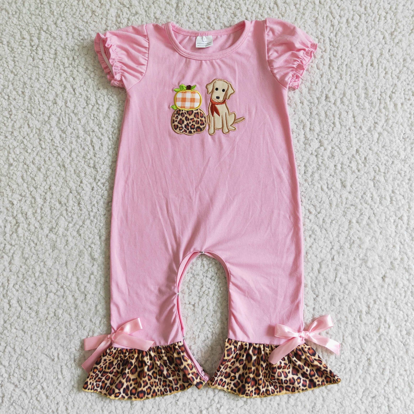 Pink dog pumpkin embroidery girls leopard fall romper