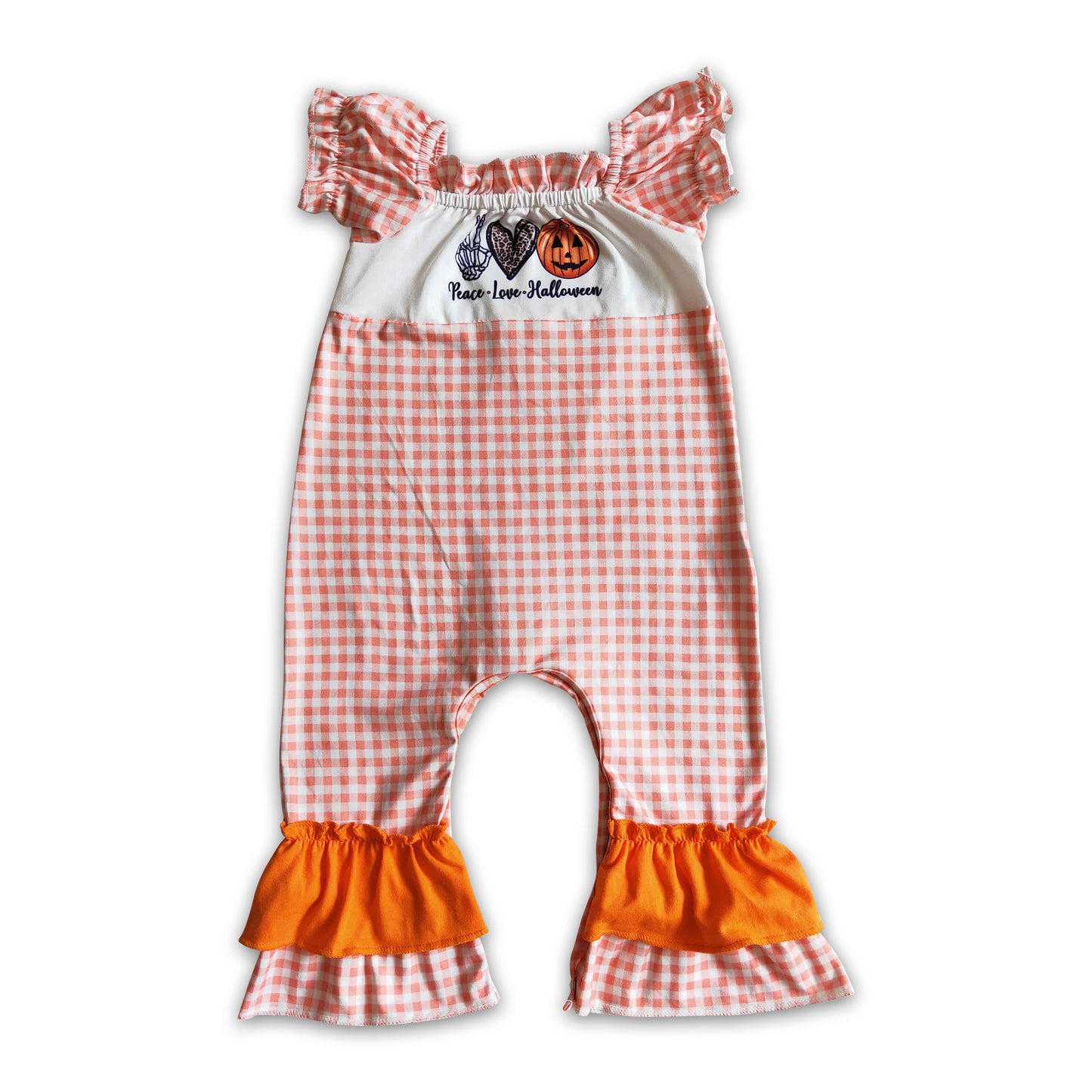 Peace love Halloween plaid pumpkin baby girls romper