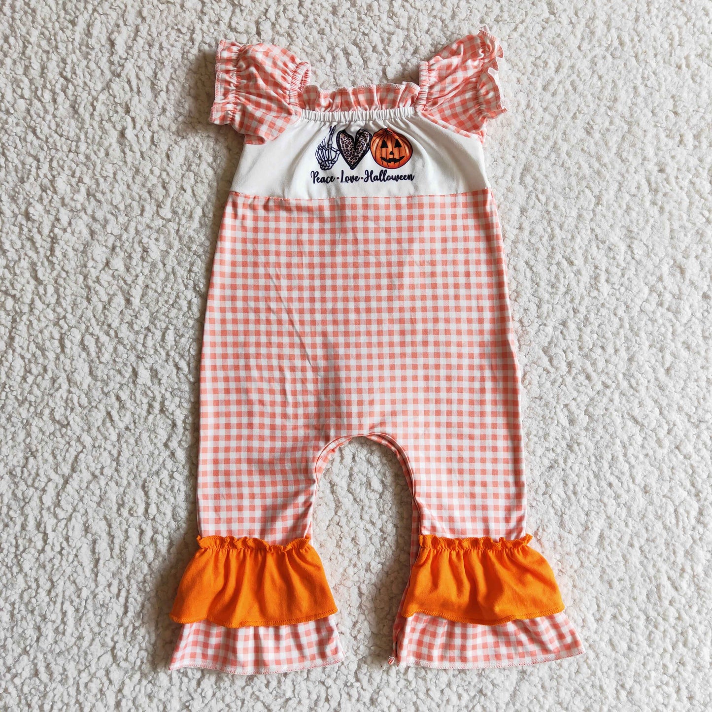 Peace love Halloween plaid pumpkin baby girls romper