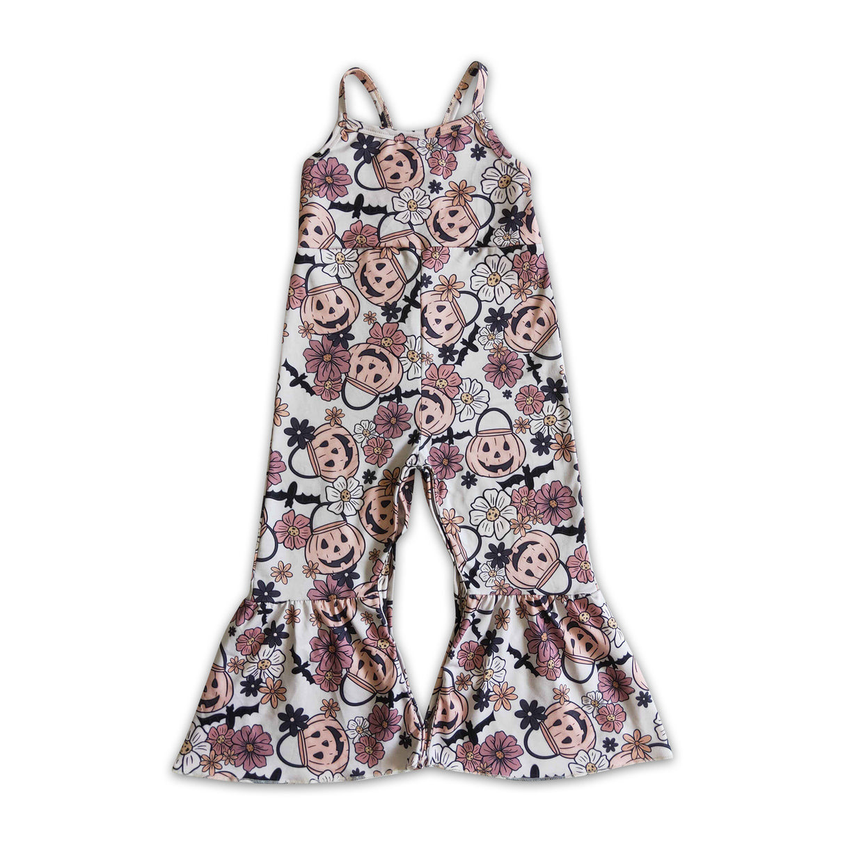 Pumpkin basket bat floral baby girls Halloween jumpsuit