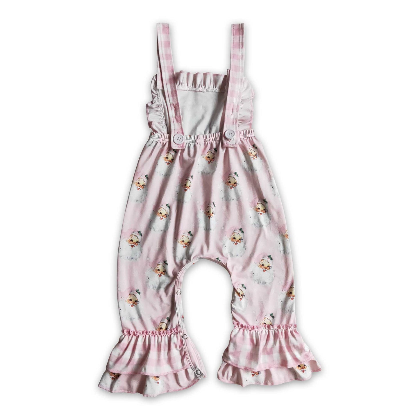 Pink santa plaid ruffle kids girls Christmas overalls