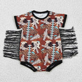 Leopard cow short sleeves fringe baby girls western romper
