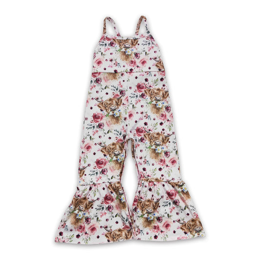 Highland cow floral baby girls western jumpsuit