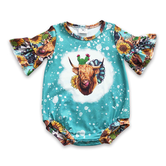 Highland cow turquoise short sleeves western girls romper