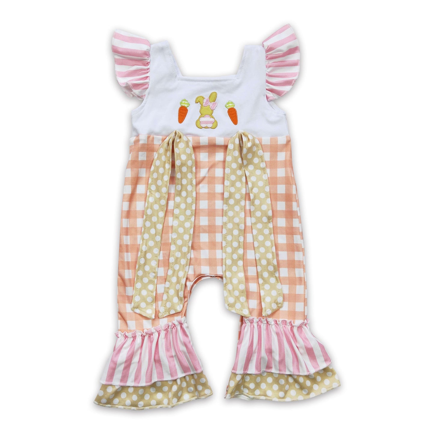 Rabbit carrot embroidery plaid baby girls easter romper