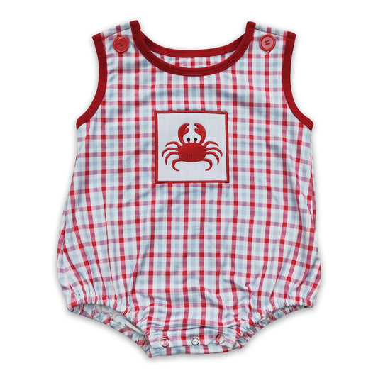 Crab embroidery plaid sleeveless baby boy summer romper