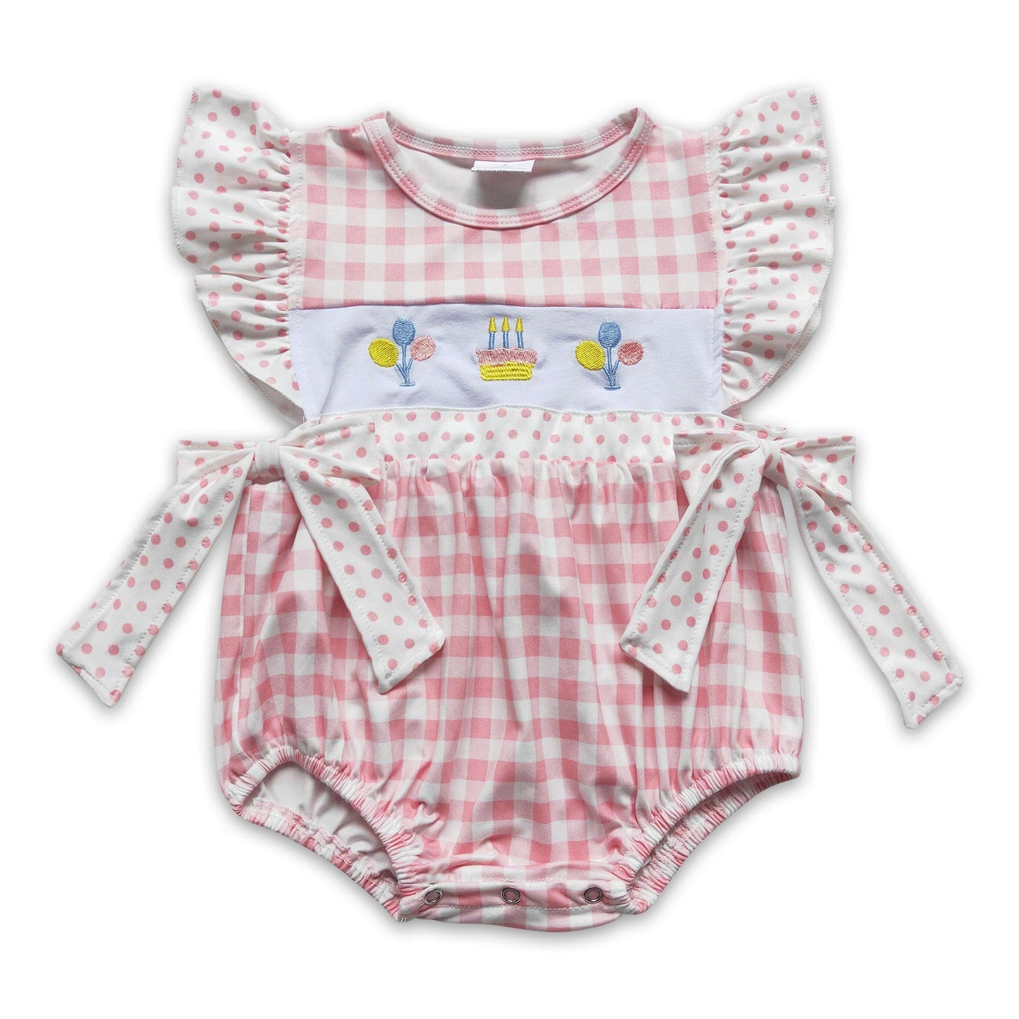 Balloon cake embroidery plaid baby girls Happy birthday romper