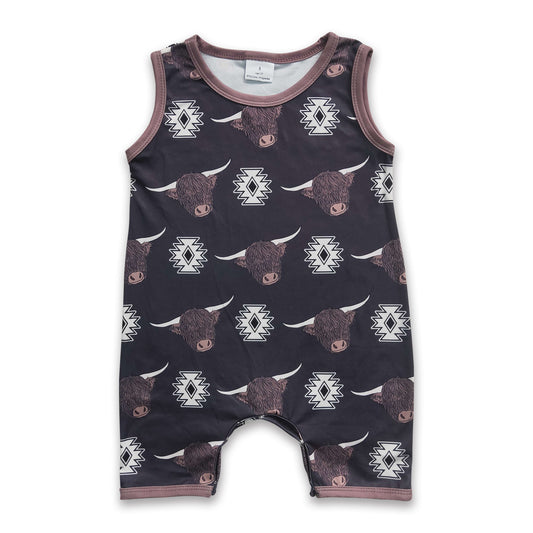 Highland cow aztec sleeveless baby boy western romper