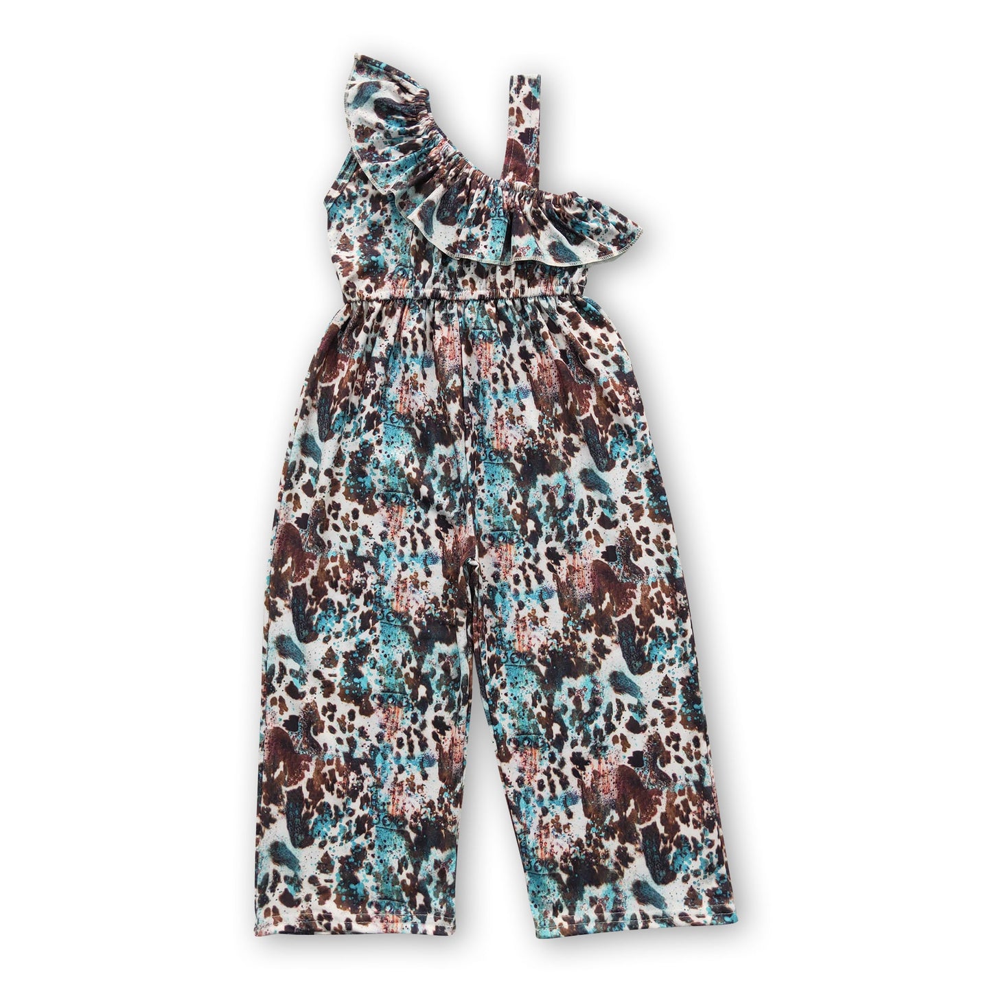 One shoulder cow turquoise baby girls jumpsuit