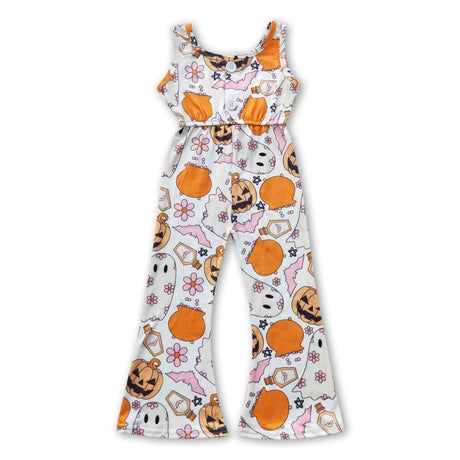 Ghost pumpkin floral bat kids girls Halloween overalls
