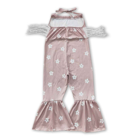 Khaki floral tassels halter baby girls jumpsuit