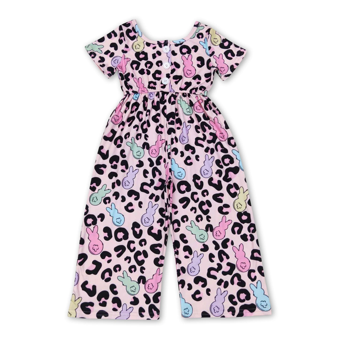 Pink leopard bunny short sleeves girls easter jumpsuit