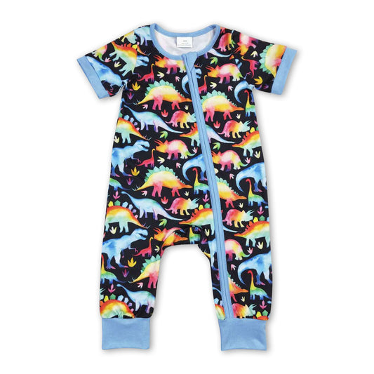 Short sleeves blue dinosaur baby kids zipper romper