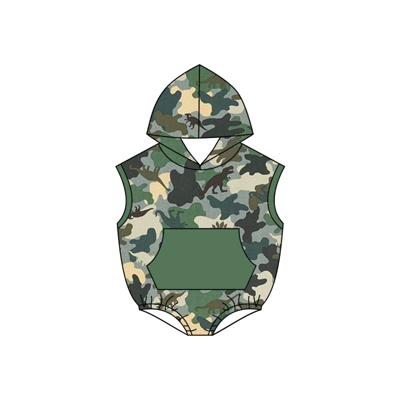 Camo dinosaur sleeveless hooded baby boy romper