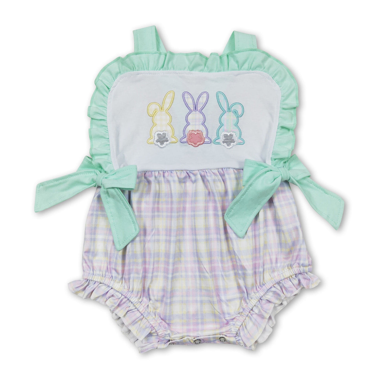 Sleeveless bunny lavender yellow plaid girls easter romper