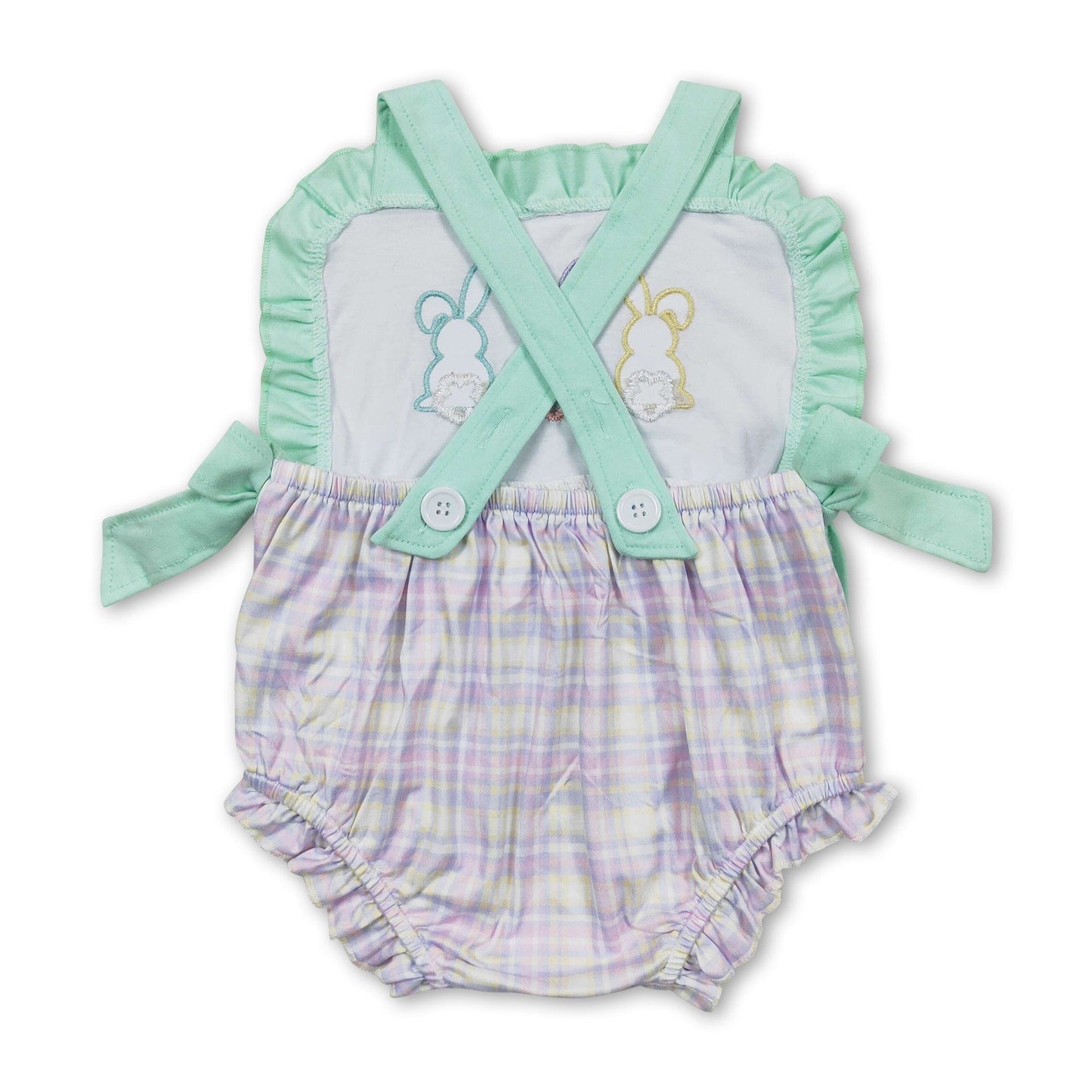 Sleeveless bunny lavender yellow plaid girls easter romper