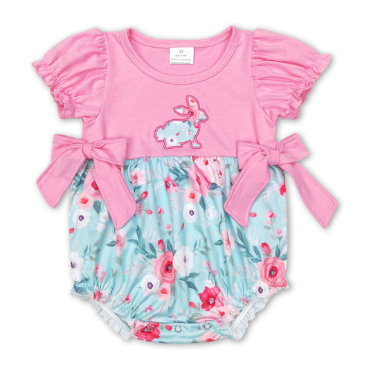 Short sleeves pink floral bunny baby girls easter romper