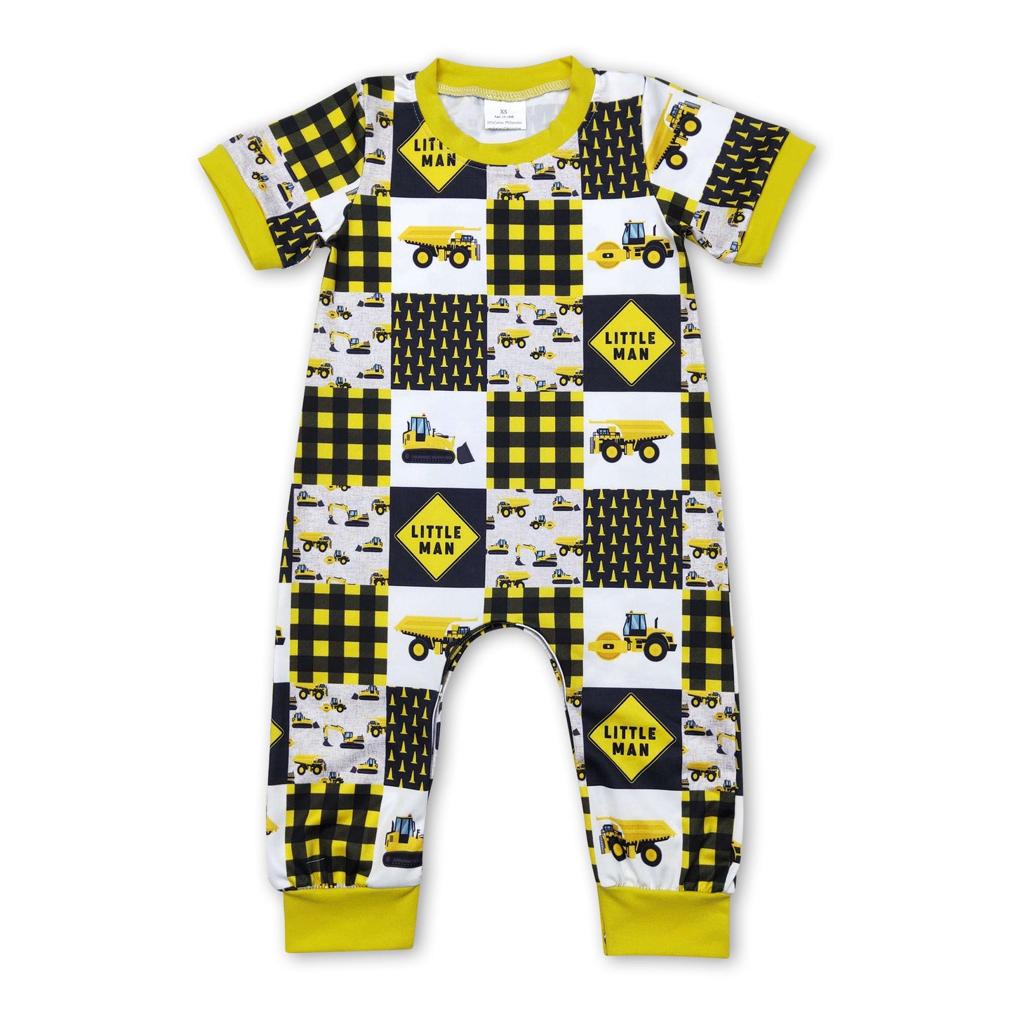 Yellow constructions little man plaid baby boy romper