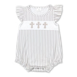 Flutter sleeves khaki stripe cross baby girls easter romper