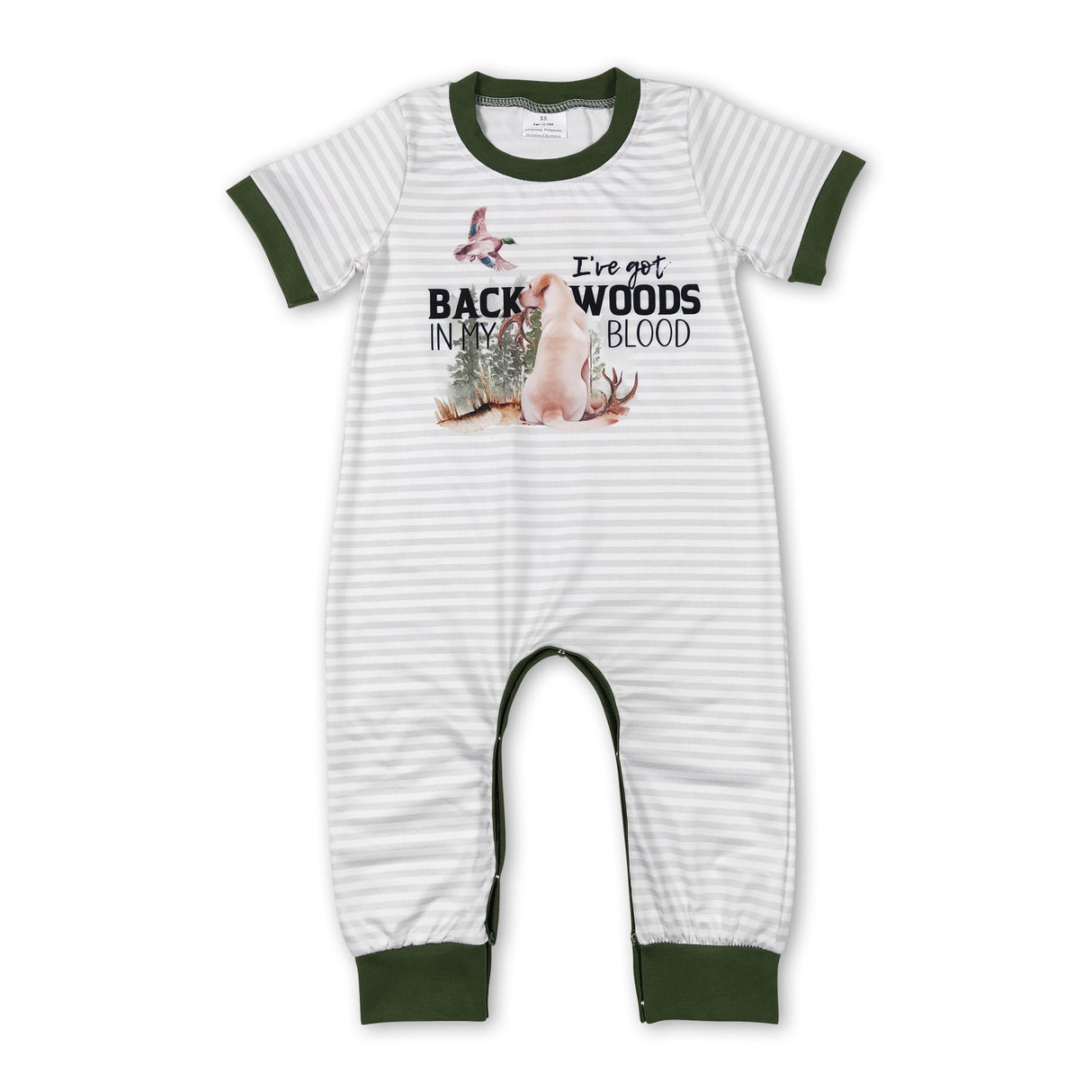 Grey stripe short sleeves duck dog baby boy romper
