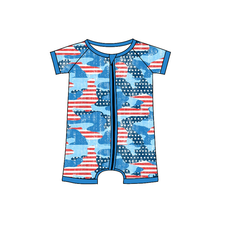 Stars stripe camo baby boy 4th of july zipper romper