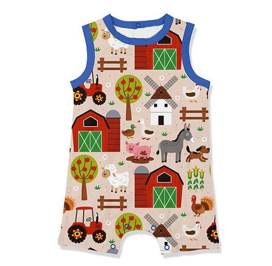 Blue sleeveless chicken pig horse baby farm romper