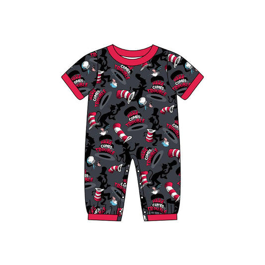 Red short sleeves cat hat baby boys romper