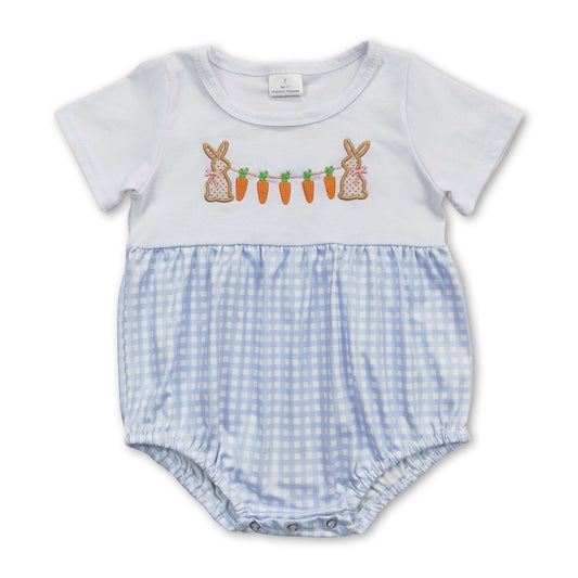 Short sleeves carrot bunny light blue plaid boys easter romper