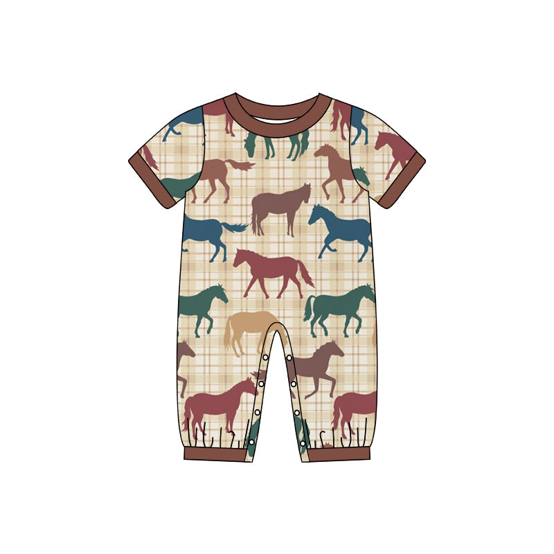 Brown plaid short sleeves horse baby boys romper