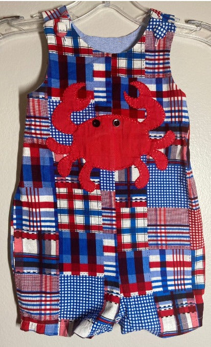 Sleeveless blue red plaid crab baby boys romper