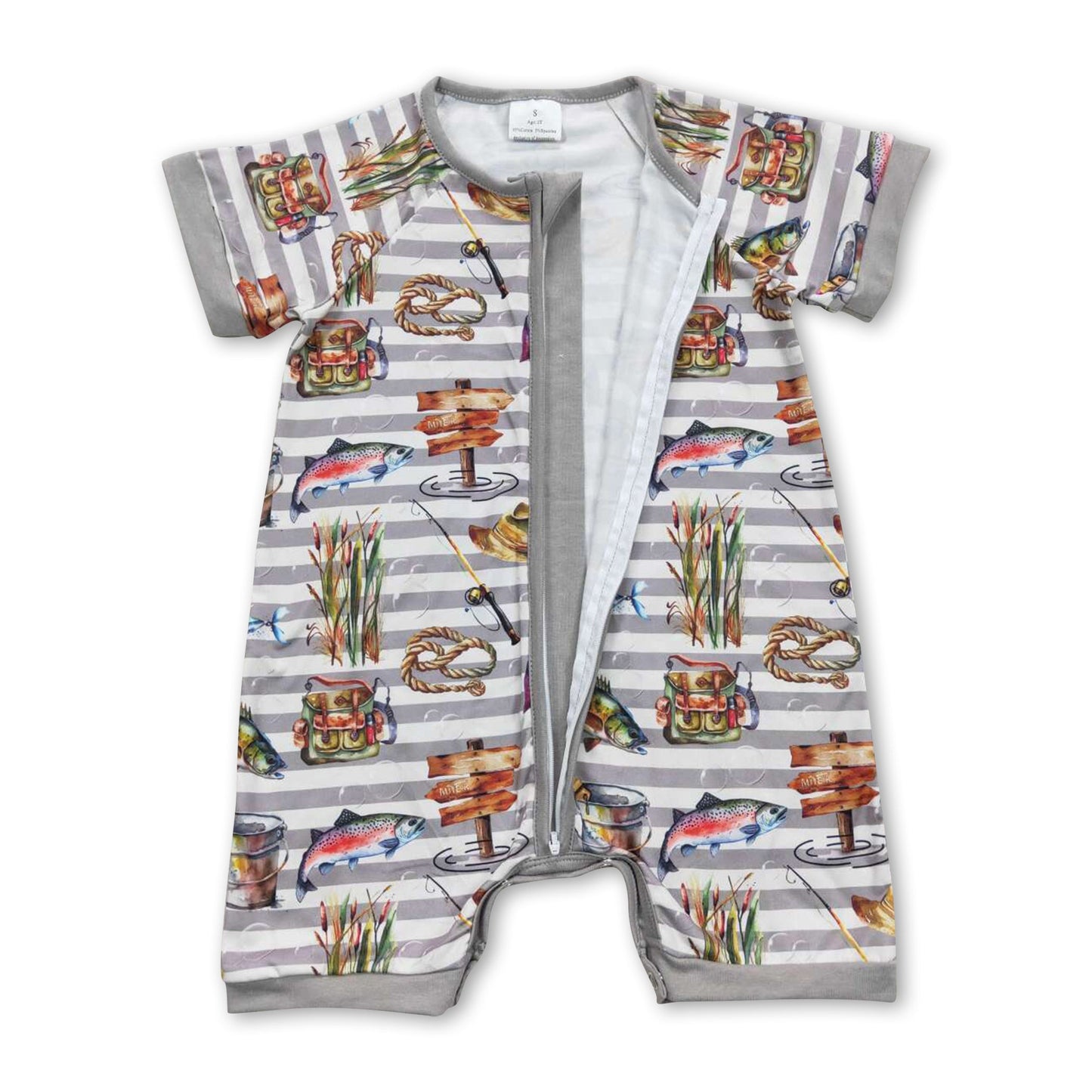 Short sleeves stripe fishing baby boys zipper romper