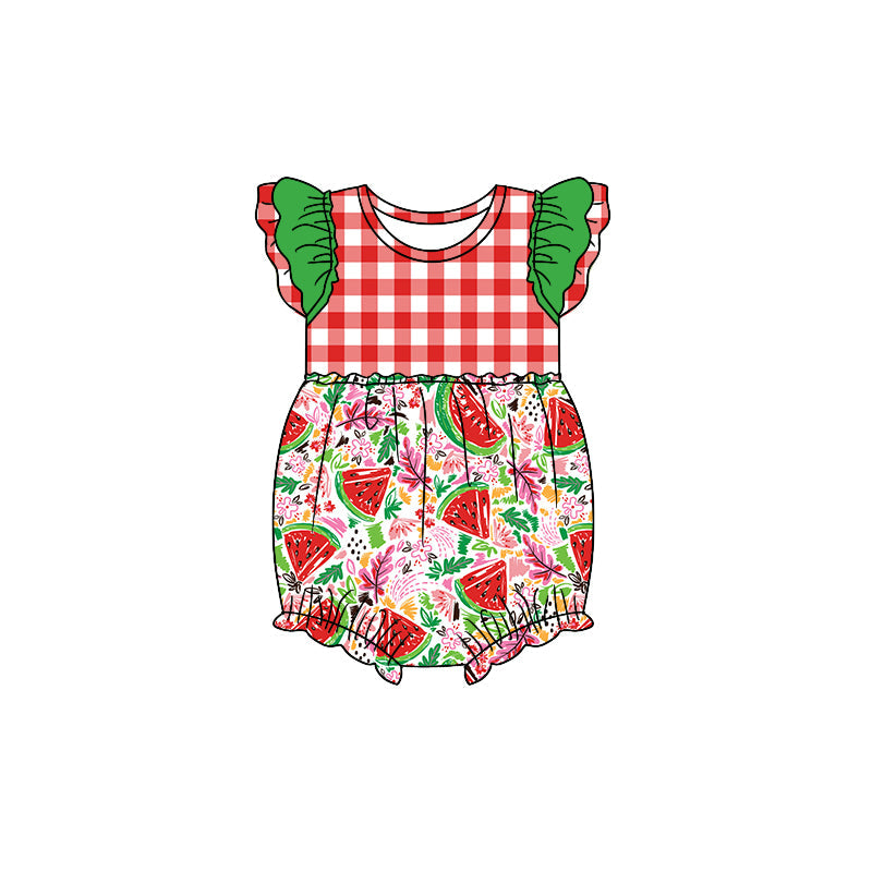 Plaid flutter sleeves watermelon baby girls summer romper