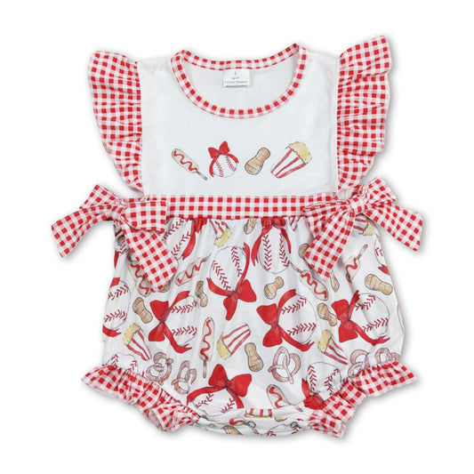 Red plaid flutter sleeves baseball baby girls romper