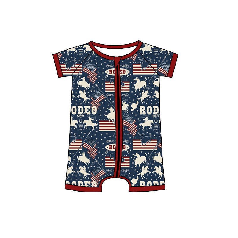 Short sleeves flag rodeo baby boy 4th of july romper