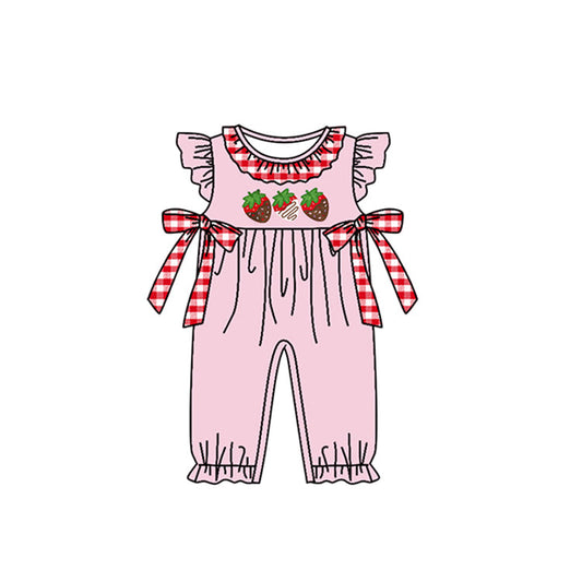 Pink strawberry plaid bows baby girls romper