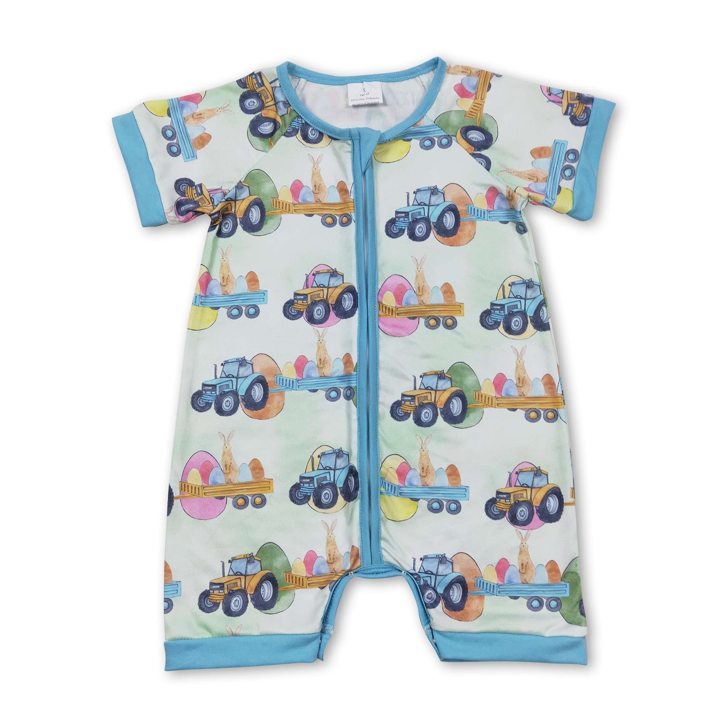 Blue eggs tractor bunny baby boy zipper easter romper – Yawoo Garments