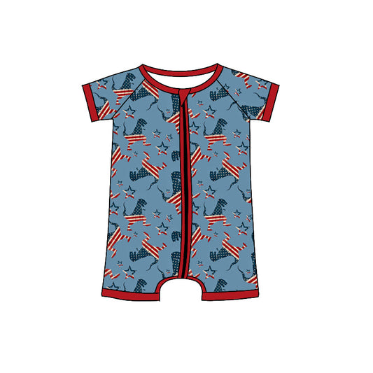 Short sleeves dinosaur baby boy zipper 4th of july romper